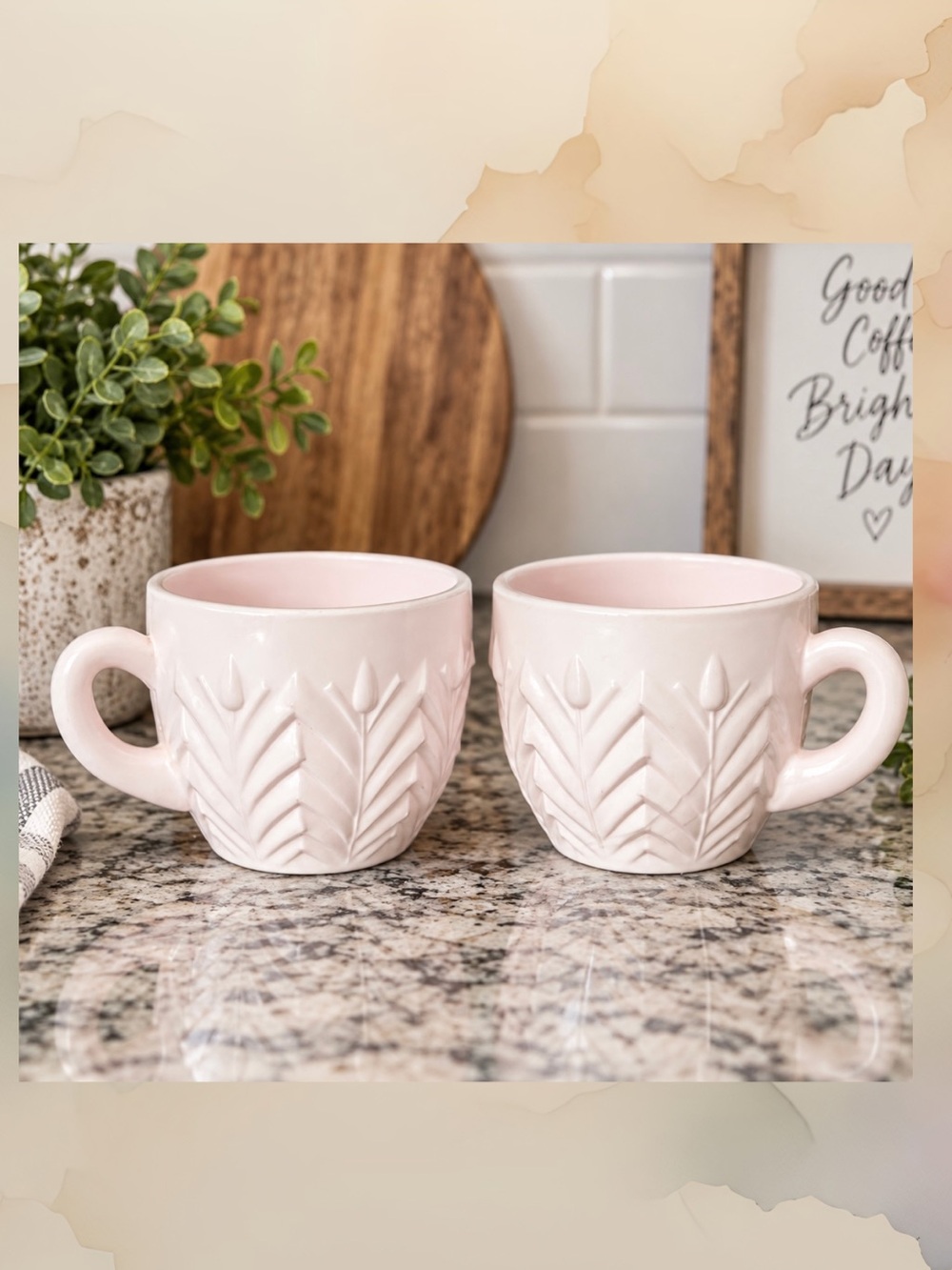 Pink Milk Glass Embossed Ceramic Mugs - Set of 2